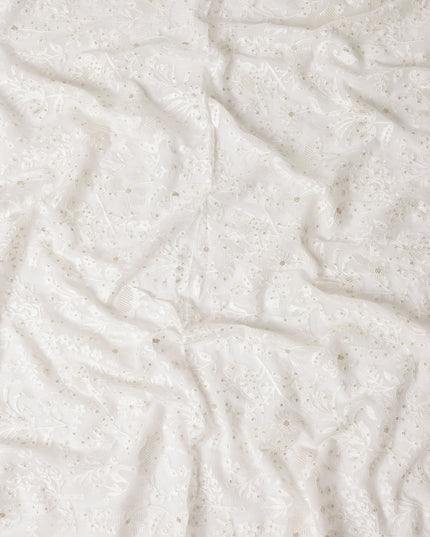 Pearl White Floral Sequin Georgette Fabric 110cm