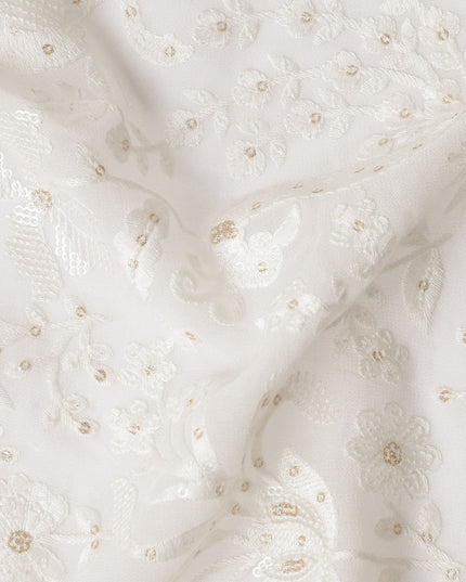 Pearl White Floral Sequin Georgette Fabric 110cm