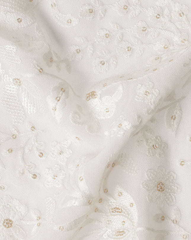 Pearl White Floral Sequin Georgette Fabric 110cm