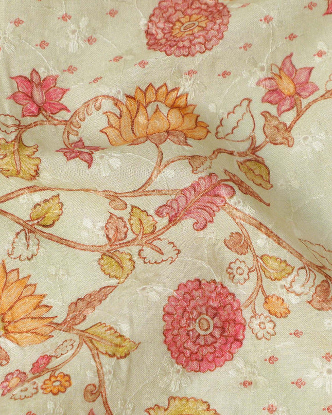 Beige Floral Cotton Voile Fabric 110cm India