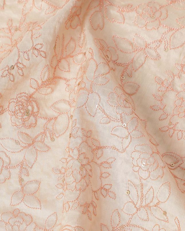 Peach Pink Floral Cotton Voile Embroidery Fabric 110cm India