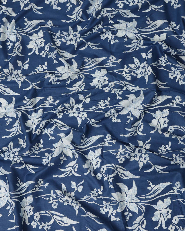 Blue Floral Cotton Lawn Printed Fabric 110cm India
