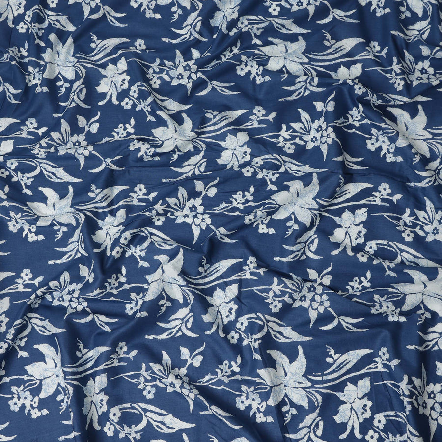 Blue Floral Cotton Lawn Printed Fabric 110cm India