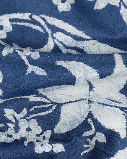 Blue Floral Cotton Lawn Printed Fabric 110cm India