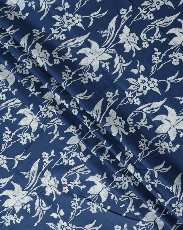 Blue Floral Cotton Lawn Printed Fabric 110cm India