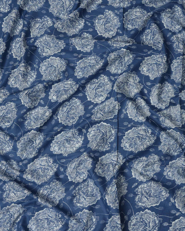 Blue Floral Cotton Lawn Printed Fabric 110cm India