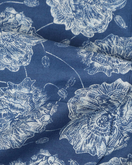 Blue Floral Cotton Lawn Printed Fabric 110cm India