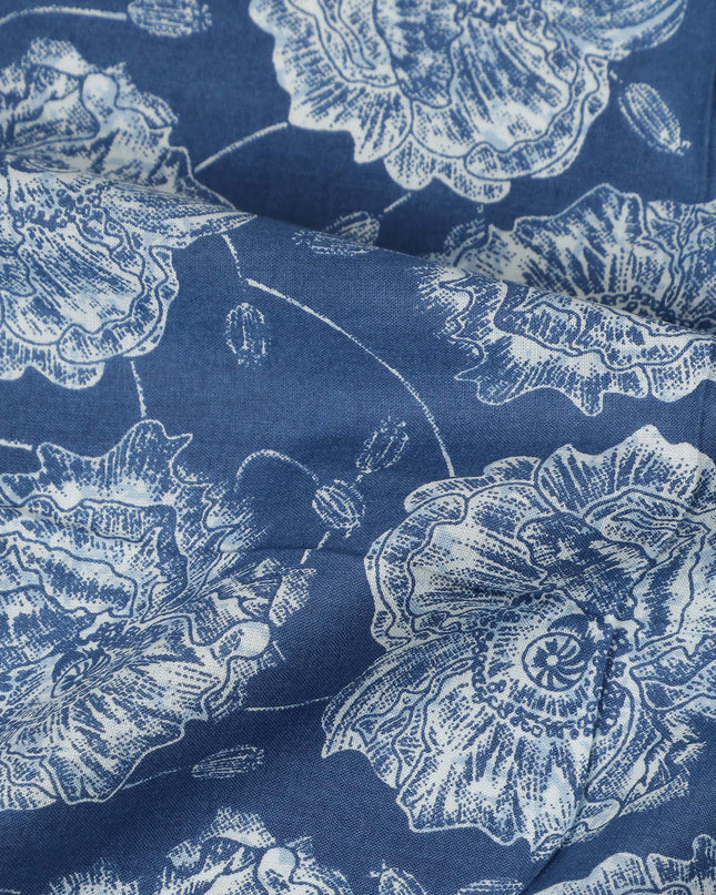 Blue Floral Cotton Lawn Printed Fabric 110cm India