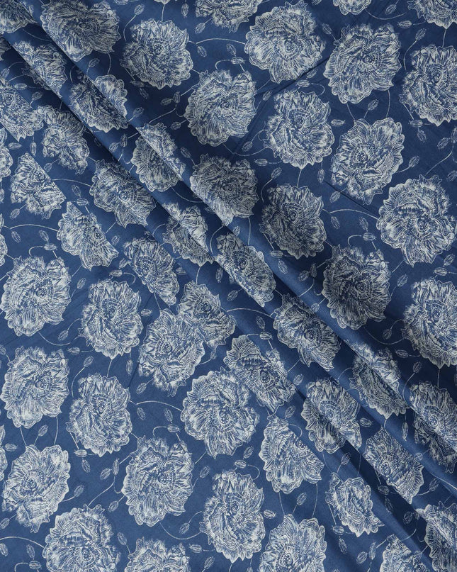 Blue Floral Cotton Lawn Printed Fabric 110cm India