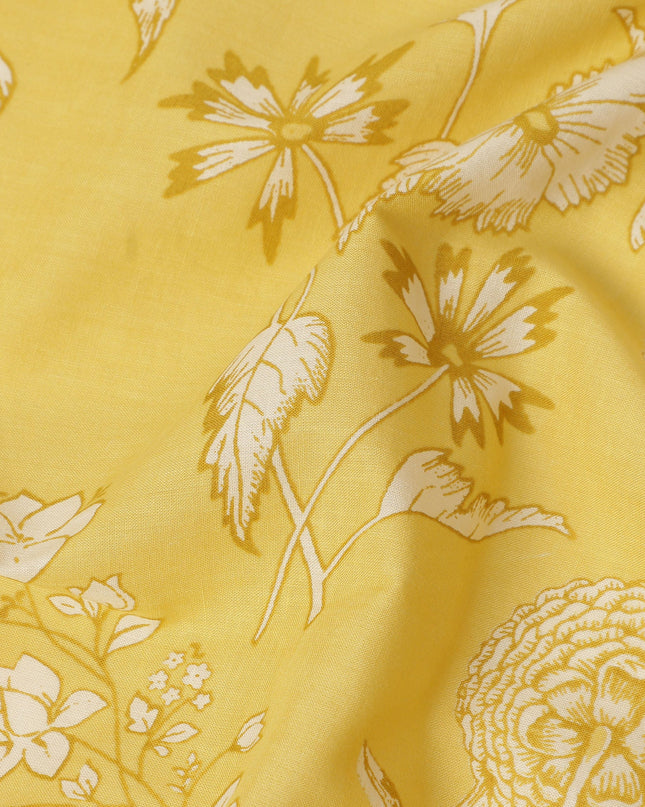 Yellow Floral Cotton Lawn Printed Fabric 110cm India