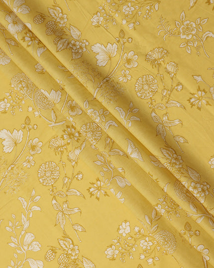 Yellow Floral Cotton Lawn Printed Fabric 110cm India