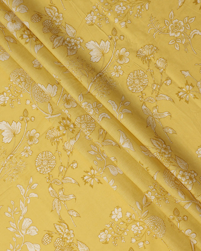 Yellow Floral Cotton Lawn Printed Fabric 110cm India