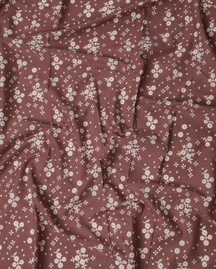 Brown Floral Cotton Lawn Printed Fabric 110cm India