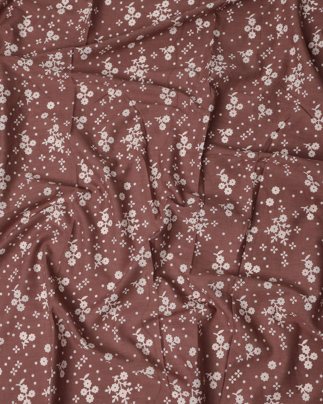 Brown Floral Cotton Lawn Printed Fabric 110cm India