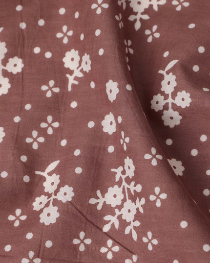 Brown Floral Cotton Lawn Printed Fabric 110cm India