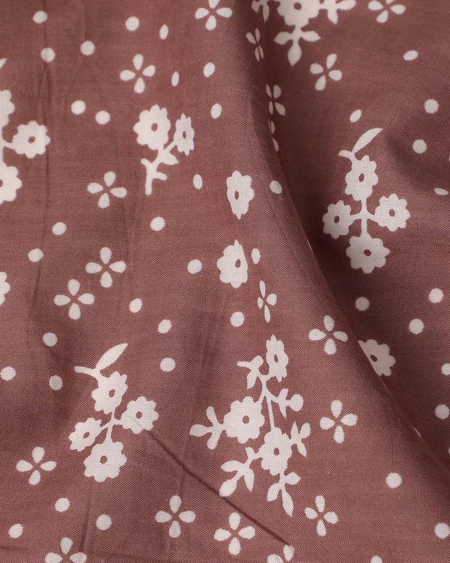 Brown Floral Cotton Lawn Printed Fabric 110cm India