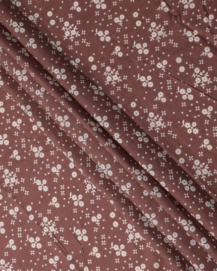 Brown Floral Cotton Lawn Printed Fabric 110cm India