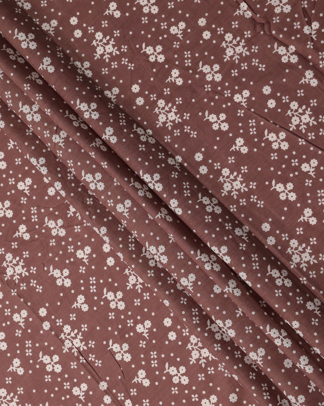 Brown Floral Cotton Lawn Printed Fabric 110cm India