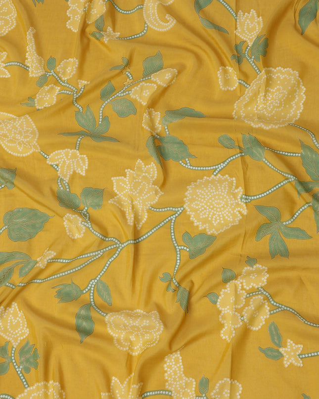 Yellow Floral Cotton Lawn Printed Fabric 110cm India