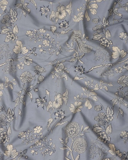 Grey Floral Cotton Lawn Printed Fabric 110cm India
