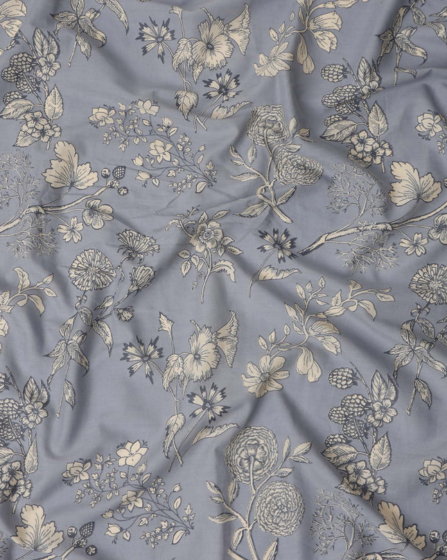Grey Floral Cotton Lawn Printed Fabric 110cm India