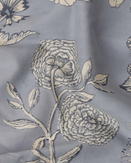 Grey Floral Cotton Lawn Printed Fabric 110cm India
