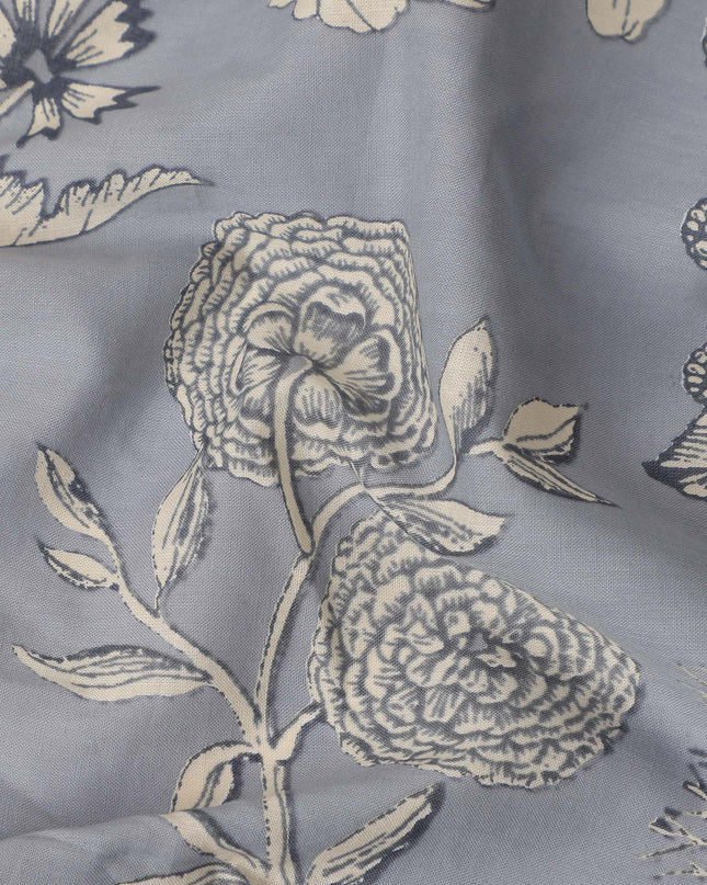 Grey Floral Cotton Lawn Printed Fabric 110cm India