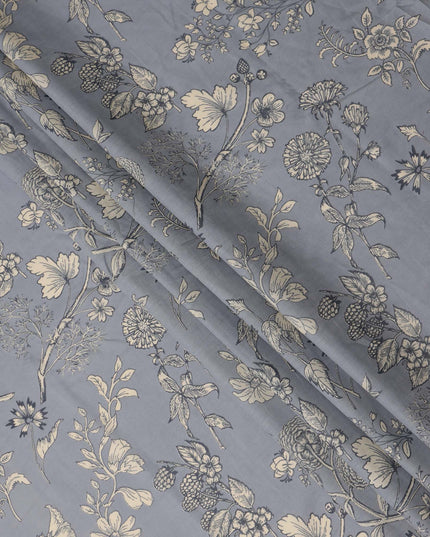 Grey Floral Cotton Lawn Printed Fabric 110cm India