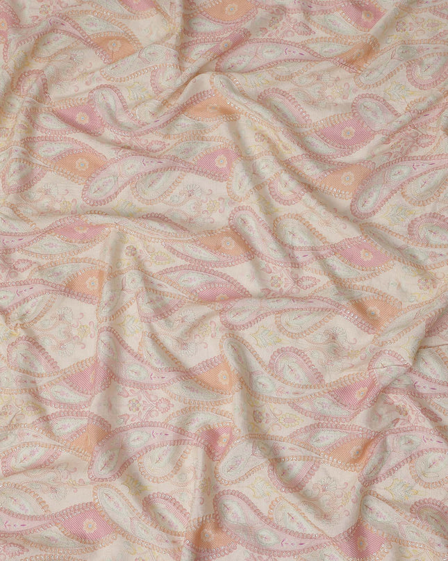 Peach Pink Paisley Embroidery Tussar Silk Fabric 110cm India