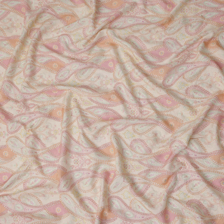 Peach Pink Paisley Embroidery Tussar Silk Fabric 110cm India