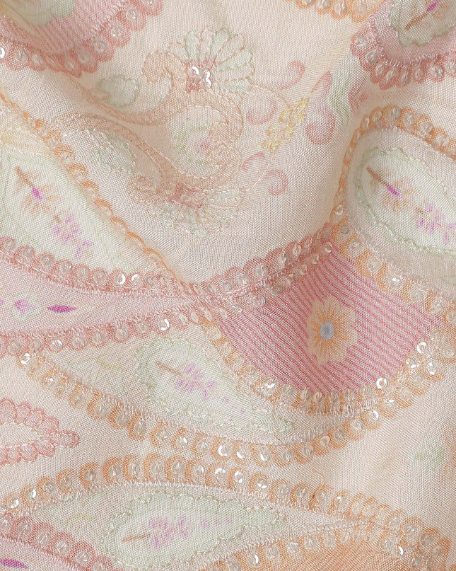 Peach Pink Paisley Embroidery Tussar Silk Fabric 110cm India