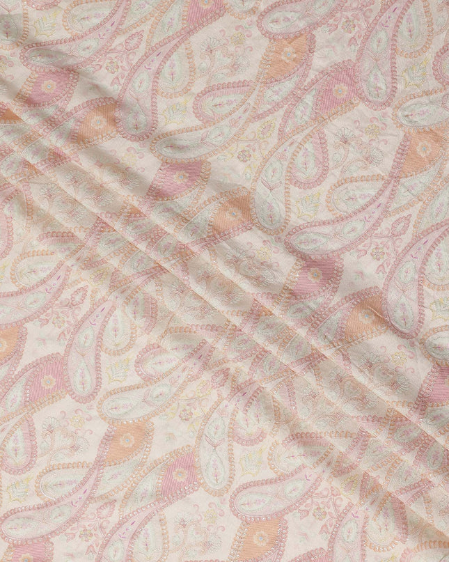Peach Pink Paisley Embroidery Tussar Silk Fabric 110cm India