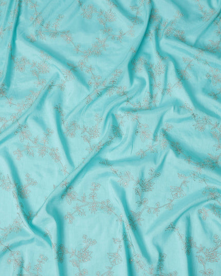 Turquoise Floral Embroidery Tussar Silk Fabric 110cm India