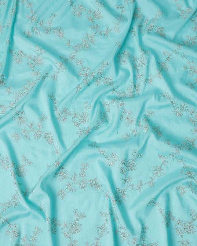 Turquoise Floral Embroidery Tussar Silk Fabric 110cm India