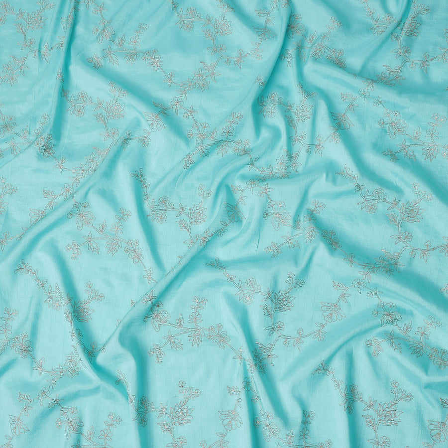 Turquoise Floral Embroidery Tussar Silk Fabric 110cm India