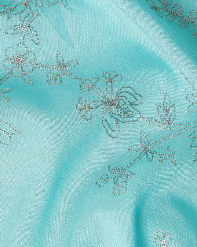 Turquoise Floral Embroidery Tussar Silk Fabric 110cm India