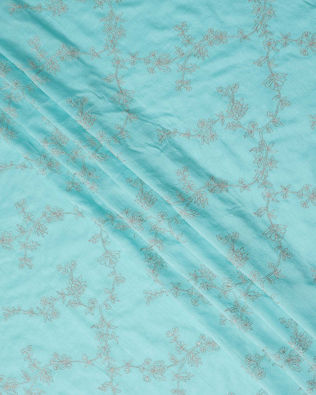 Turquoise Floral Embroidery Tussar Silk Fabric 110cm India