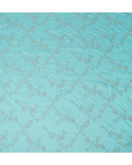 Turquoise Floral Embroidery Tussar Silk Fabric 110cm India