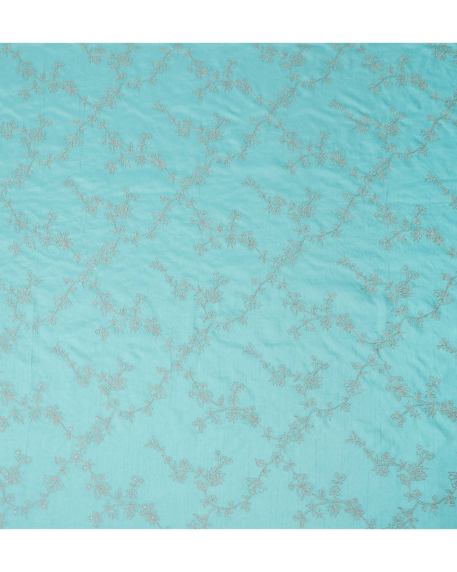 Turquoise Floral Embroidery Tussar Silk Fabric 110cm India