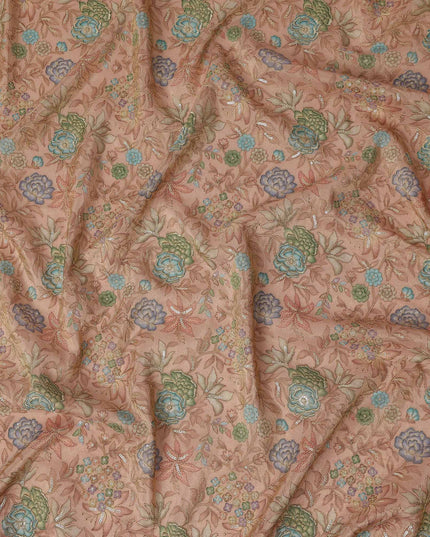 Peach Floral Embroidery Synthetic Organza Fabric 110cm India