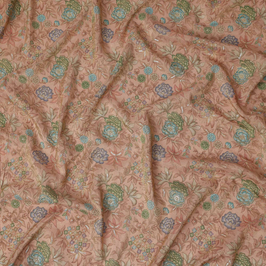 Peach Floral Embroidery Synthetic Organza Fabric 110cm India