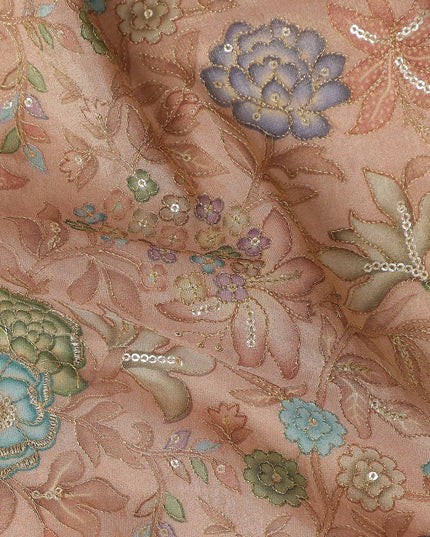 Peach Floral Embroidery Synthetic Organza Fabric 110cm India