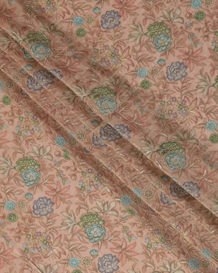 Peach Floral Embroidery Synthetic Organza Fabric 110cm India