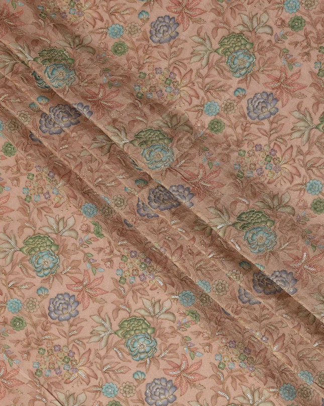 Peach Floral Embroidery Synthetic Organza Fabric 110cm India