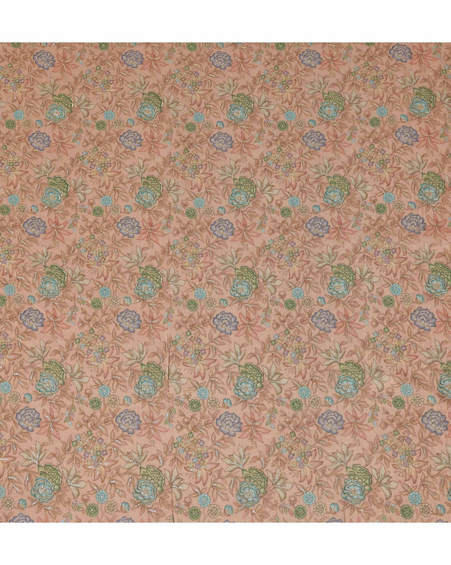 Peach Floral Embroidery Synthetic Organza Fabric 110cm India