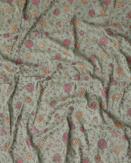 Sage Green Floral Cotton Voile Embroidery Fabric 110cm India