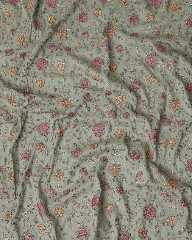 Sage Green Floral Cotton Voile Embroidery Fabric 110cm India