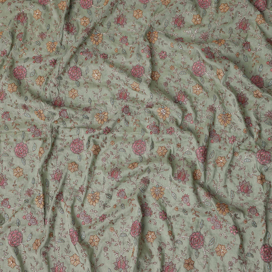 Sage Green Floral Cotton Voile Embroidery Fabric 110cm India
