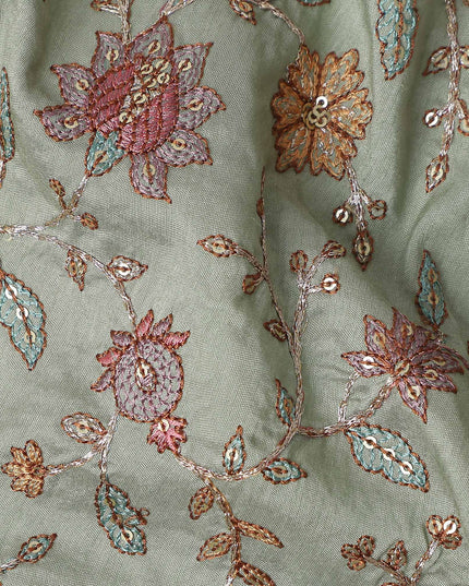 Sage Green Floral Cotton Voile Embroidery Fabric 110cm India