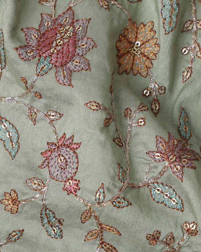 Sage Green Floral Cotton Voile Embroidery Fabric 110cm India